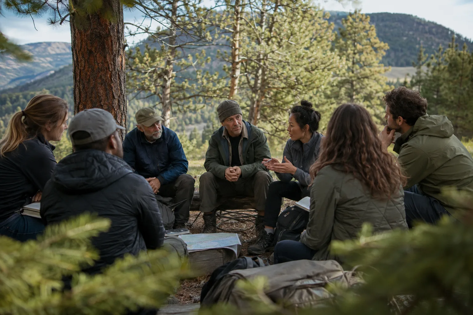 A facilitator listens as a team reflects together in a pine clearing.