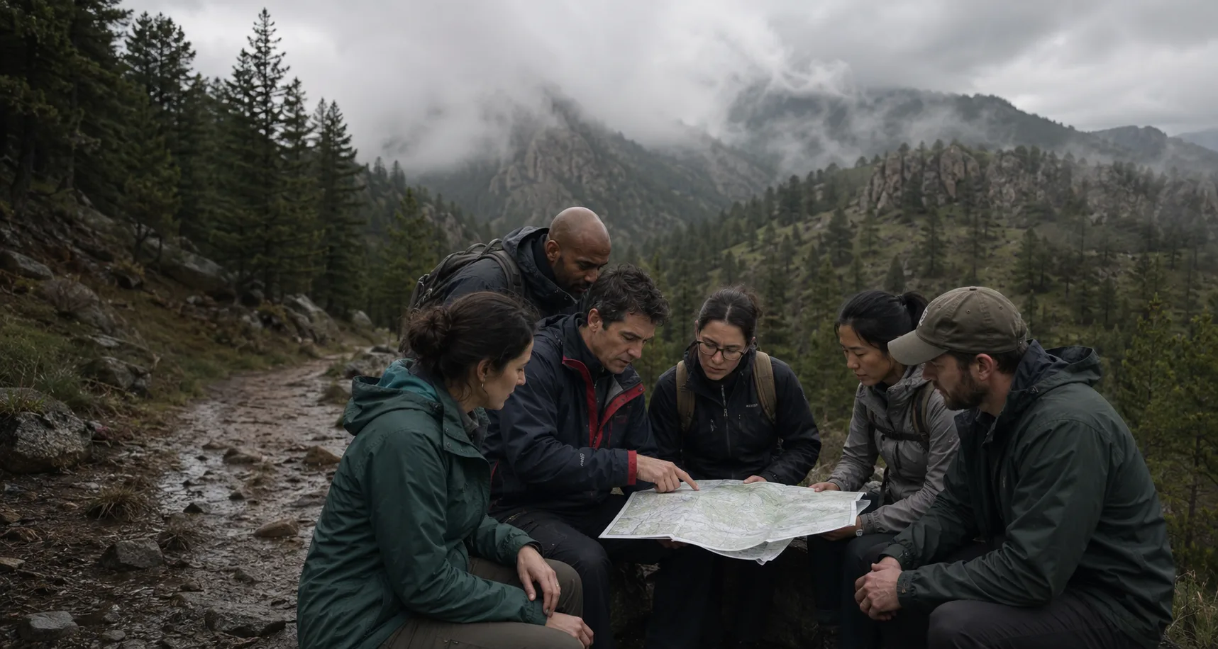 A professional team studies a paper map together on a damp Colorado foothill trail.