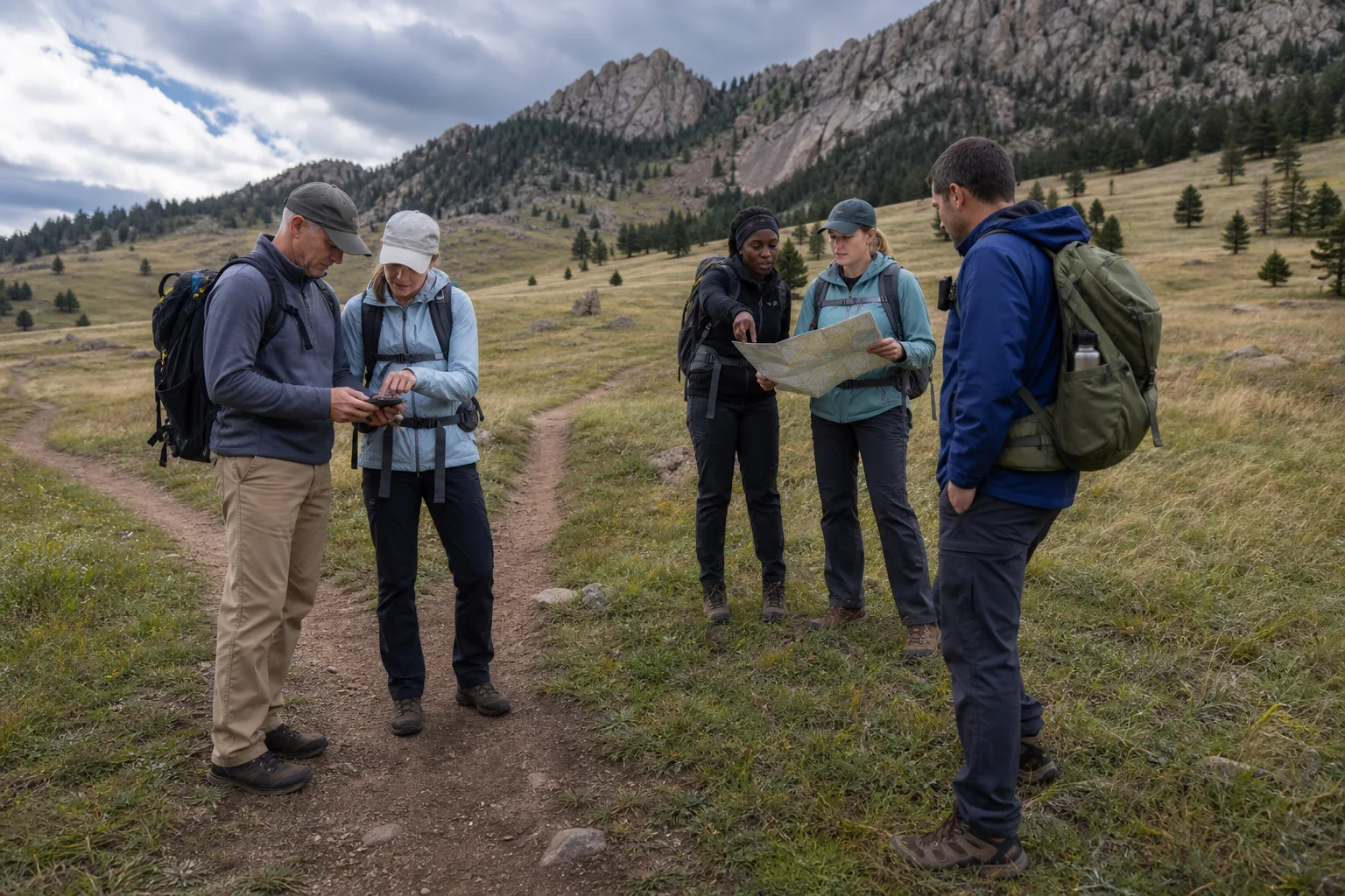 Team members compare compass bearings in a broad Colorado alpine meadow.