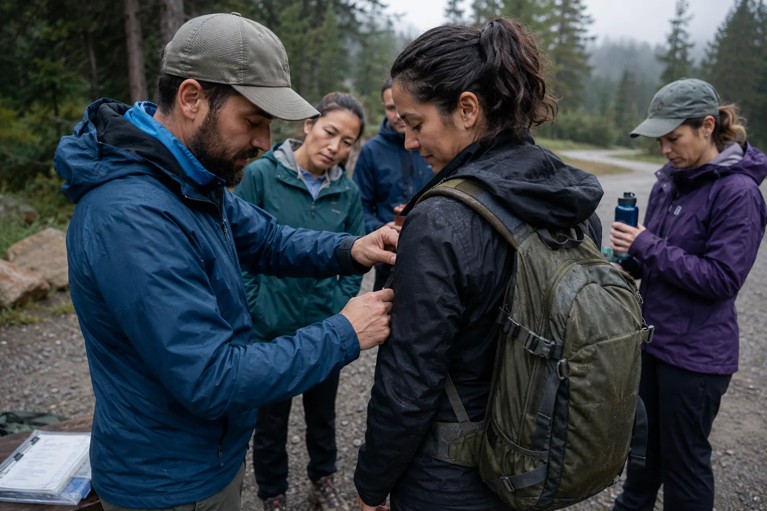 A facilitator checks a participant's backpack fit at a misty trailhead.